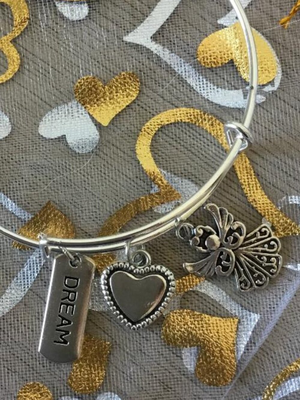 Silver-toned Adjustable Bangle Bracelet with 3 Charms Heart, Dream & Angel NEW